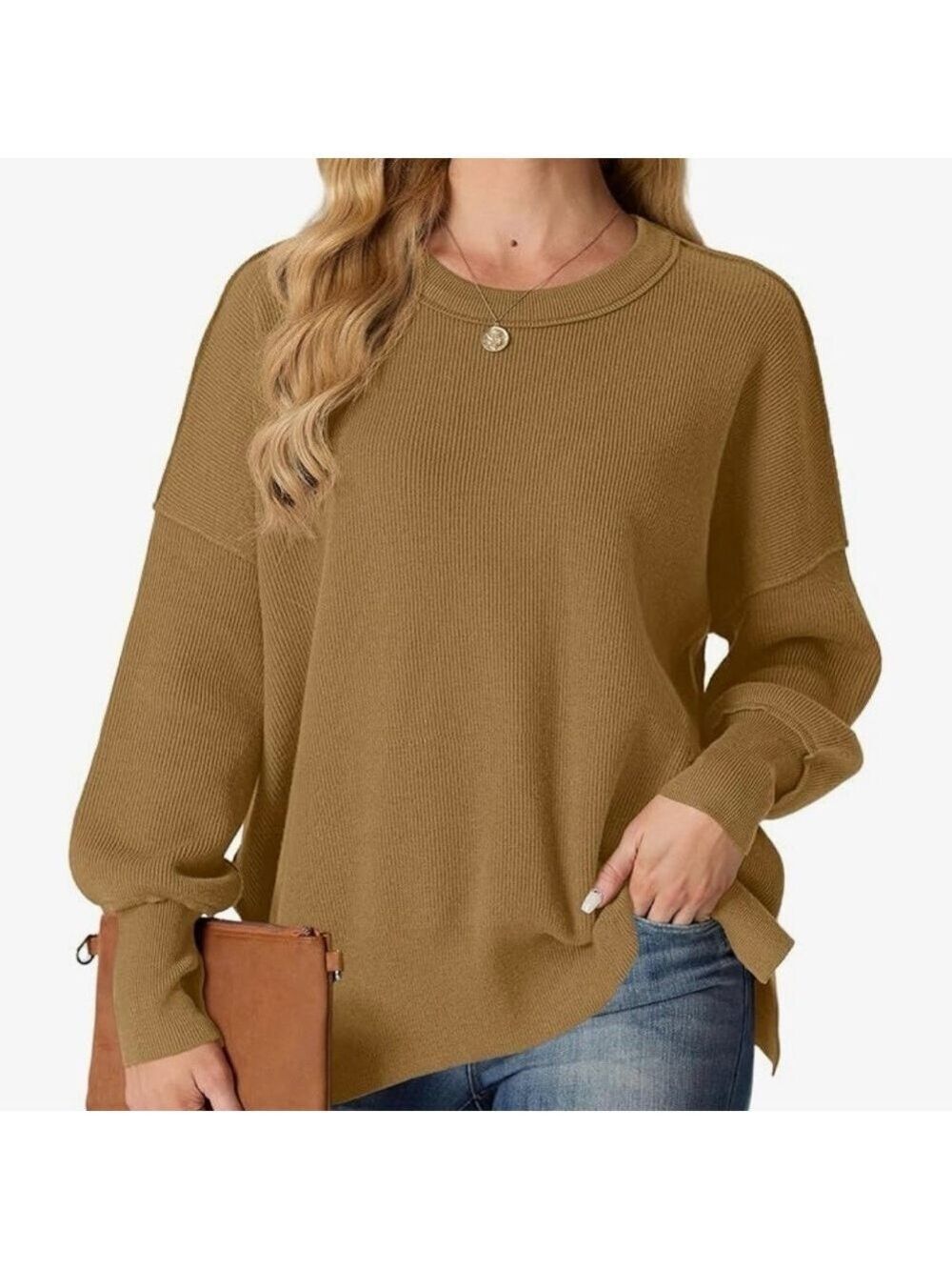Women”s Crewneck Batwing Long Sleeve Oversized Sweater - Picture 3 of 7